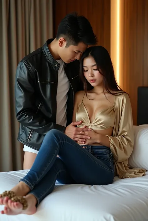 Photo of two people in a luxurious modern hotel room. A handsome and athletic young Indonesian man stands beside the bed smothering and squeezing the breasts of a beautiful, cute, big-breasted, slim, and tall young Indonesian girl on the bed and tries to r...