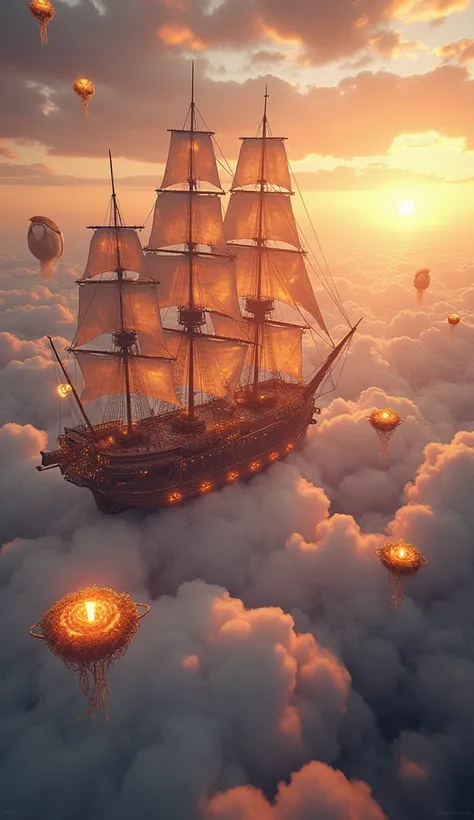 A majestic sky filled with golden clouds and a grand ship resembling a 16th-century Portuguese caravel, but enhanced with glowing sails and mechanical wings. The ship sails through an ocean of clouds, leaving a trail of shimmering stardust. Around it, floa...