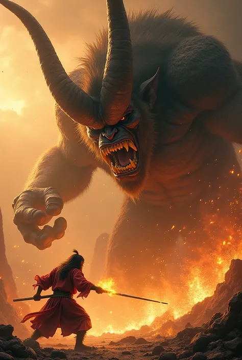  Sun Wukong fighting a gigantic demon in a hellish landscape.  The monkey king ,  with his extended golden cane ,  shines brightly as he hits the creature . Flames and ashes fill the air ,  but he remains firm and determined .