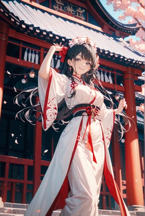 デフォルメ, anime character, black long-haired girl, Shrine maiden,Shrine maiden costume White tops and red bottom, Dance a splendid dance,
 high definition , masterpiece, accurate,  