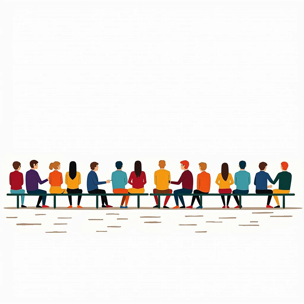 a drawing depicting rows of people in front of benches. In the flat and minimalist design style , more colorful.  the background is white as if it had been drawn on a white sheet of paper 

