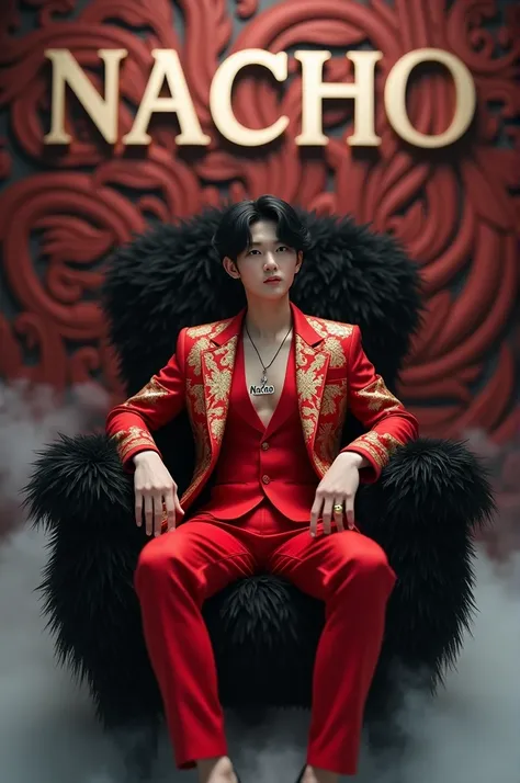 a stylish matured Black short hair and tightly eyes handsomely cute Korean boy with pale, sitting casually on a luxurious Black cloud throne feathers chair  in the middle, wearing a Red and gold Elegant suit, gold ring, silver necklace with printed name NA...