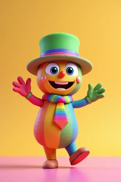 A vibrant 3D rendering of a cheerful rainbow color humanoid character with a textured surface resembling snowman crayon shading. The character has a bright green hat with a colorful band, a rainbow-striped tie, and big, expressive blue eyes. Its pose is jo...