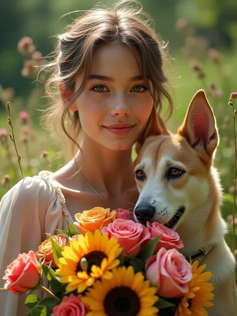 A beautiful girl that hold a roses and sunflowers..and sorrounding a dog with video
