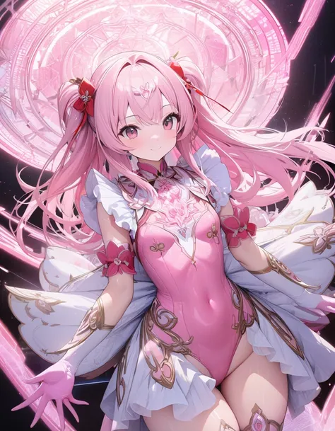 ((masterpiece)), ((highest quality)), (Super detailed), ((cute)), cute, (Lovely), ((sexy)), (device), ((Very detailed)), 4K, (8k), highest quality, (beautiful), One girl, , Shiny skin, Pink Hair, Long Hair, Both sides up, Pink Eyes, Magical girl, , Small b...