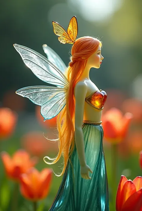 A beautiful glass fairy. Her body is made of glassor .She wears a beautiful glass dress. Her long hair is glass-colored. In her chest is a small pale red heart beating.  She lives among the tulips in the garden. On her hair is a beautiful glass butterfly.