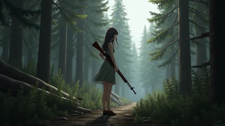 Desktop screensaver in 1920 by 1080 , Anime girl with rifle mosina ,  standing far away on forest background from DayZ game turning her back