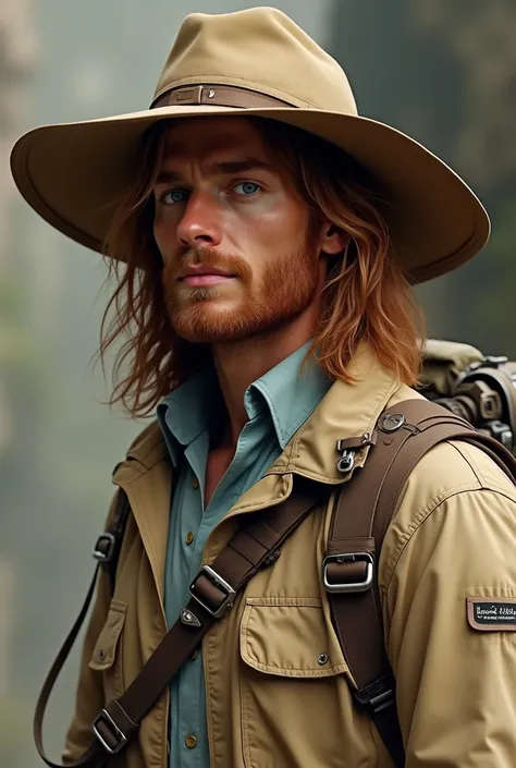 brownish red hair, long hair, blue eyes, hair between eyes, explorer outfit beige and hat explorer beige inside outfit light blue Collared shirt 