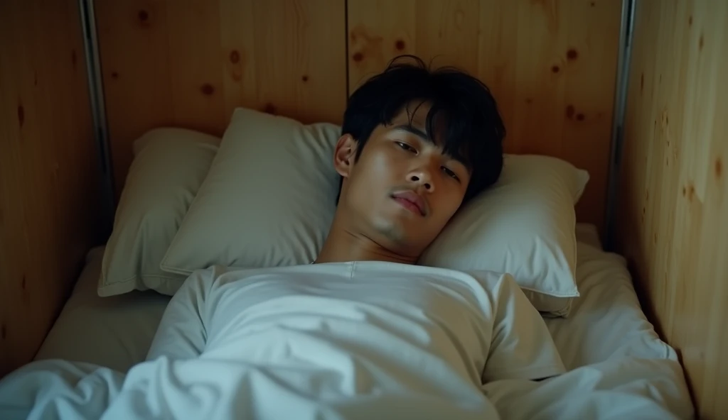 realistic photo, the best masterpiece of photography, a handsome man aged around 25 years from Indonesia, short black hair with bangs, wearing a white t-shirt woke up from his sleep at night in a narrow boarding room with plywood walls