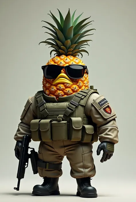 A rude pineapple with sunglasses, gun and military suit 