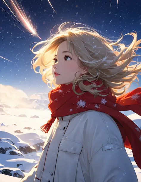 Christmas, ((Hair blowing in the wind, no makeup: 1.2)), white woman, young girl, 1 girl, bangs, ash blonde: 1.7, double eyelids, thick scarf, red scarf, fluffy hair, ((Hair on scarf: 1.3)), wind blowing, snow falling, lighting, lighting from behind, hair ...