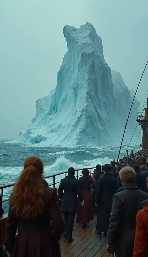 A wide shot of the Titanic after hitting the iceberg, chaos on the deck as passengers panic, Jack (blond)and Edith (redhead)are seen in the distance, being pulled apart by the crowd, the massive iceberg looms in the background, cold waves crashing against ...