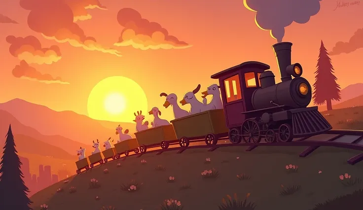 A warm cartoon image of the magical train riding into the sunset, with an orange-pink sky. Animals aboard the train, including ducks and goats, sing and wave as they pass through the glowing landscape."