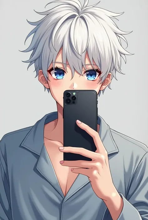 Photo, Anime of a 20 year old boy with white hair and blue eyes, showing a slender hand with a ring decorated with emeralds, autophoto,  in front of a red and black , window in the background, by day