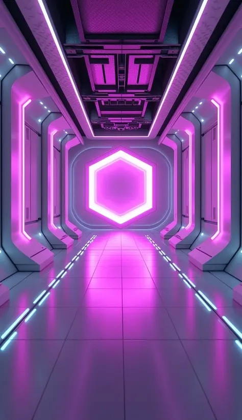 LEDs cyber punk tunnel center hexagon , purple color, three white pillars neo ,  three laterally long windows with neon white glow