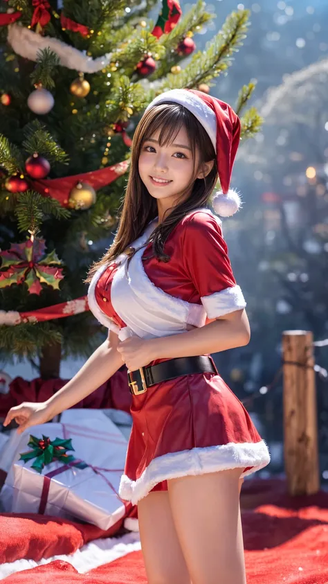 Product quality, 1 girl, Cowboy Shots,Front View,Beautiful young Japanese girl, sexy( cute Santa Claus costume:1.2),wear, wear(red ultra super short micro mini skirt:1.2),smile,very cute face, glossy lips , double eyelids,(Natural Cosmetics ), Long Shiny, ...