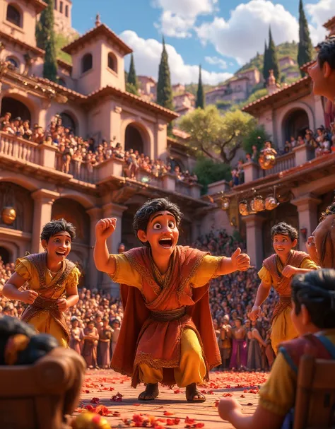 Ancient Greek Theatre in Action, A play, depth of vision, display of theatrical masks, vivid details, semi realistic, 3d render, high in detail 