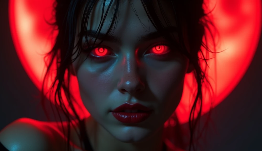 A close-up of her face, her glowing red eyes reflecting a massive, crimson-hued moon behind her. Her lips curl into a sly smile as her aura radiates both seduction and menace.