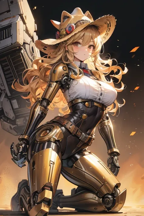 Curly blonde hair, brown eyes, cowboy hat, Western outfit, stocking, boots, kneeling, large breasts, mechanical parts, headgear, robot joints