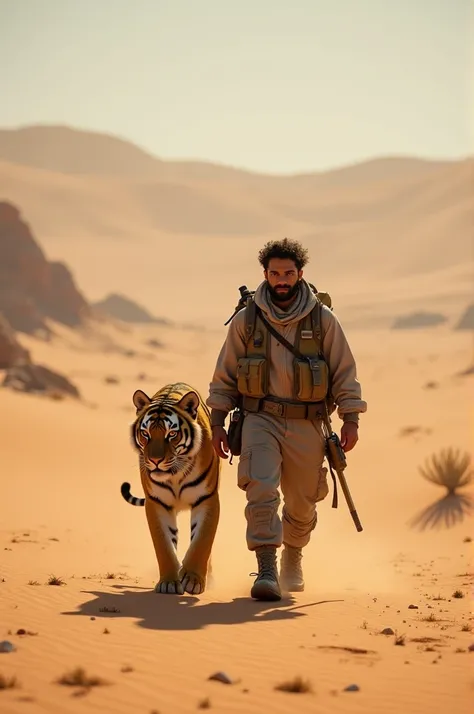 A 24-year-old young man walks alongside a big cat d the desert