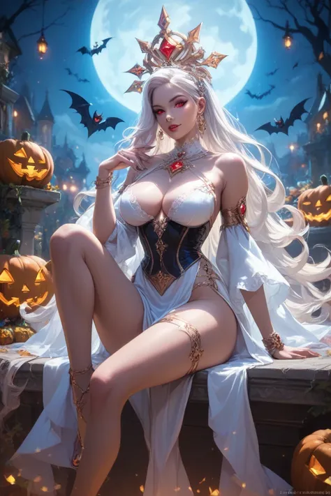 A very beautiful little witch with white hair and red eyes very big and busty at a very laciva Halloween party a divine perfection sitting on her legs