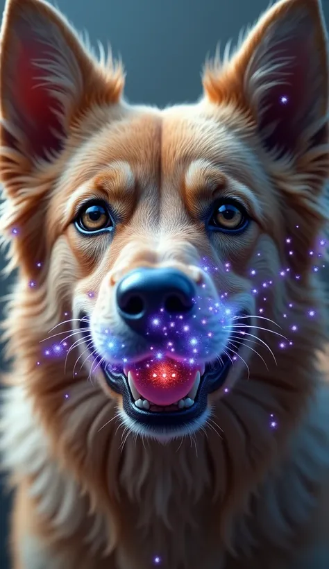 A realistic dog , with sharp details,  expressive eyes highlighted ,  Around the muzzle graphically stylized illuminated colored molecules,  3D molecules rotating 