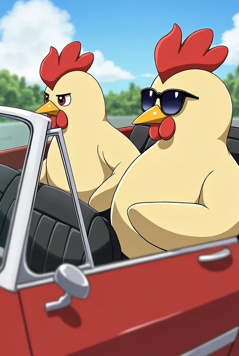 (couple of chicken),1girl((chicken:1.4),(kemono),(furry),sunglasses,(driving convertible car)),1girl((chicken:1.4),(kemono),(furry),breast,drinking),.dynamic angle,dynamic blur,dynamic car action,. score_9, score_8_up, score_7_up, score_6_up, score_5_up, s...