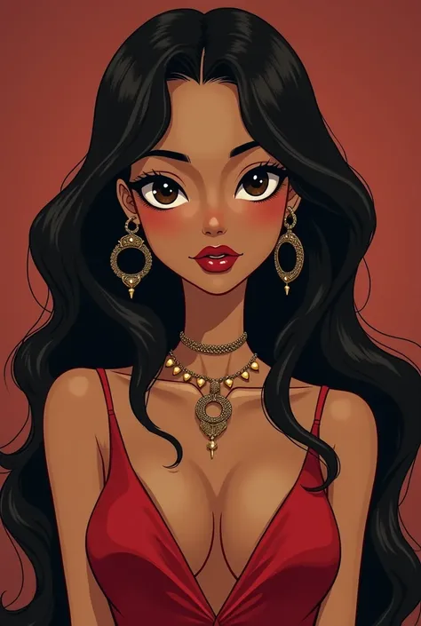 a girl with black long wavy hair olive skin. Black almond eyes. wearinng a crimson red sleeveless vintage elegent   top. That doesnt show too much boobs or chest Snake jewelry Snake necklace cartoon pfp