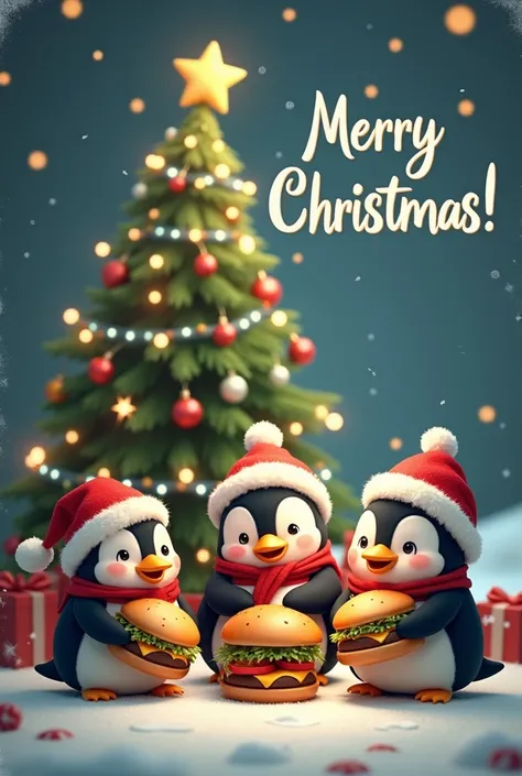 7 cute Christmas penguins eating hamburgers with a Christmas tree in the background and saying Merry Christmas upstairs