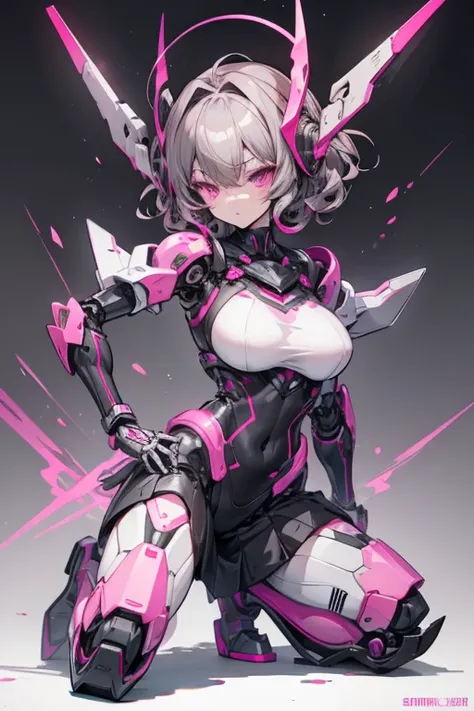 Short curly gray hair, pink eyes, black seifuku, boots, stockings, kneeling, large breasts, mechanical parts, headgear, robot joints