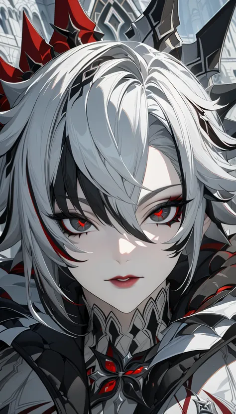Adult woman, short gray hair, spike hair, red eyes, black eyeshadow, detailed lips, white aristocrat jacket, black tigh pants, large breasts, muscles, claws, castle, Arlechino from Genshin Impact, Masterpiece, best quality, Full HD, 8k, ultra details, grea...