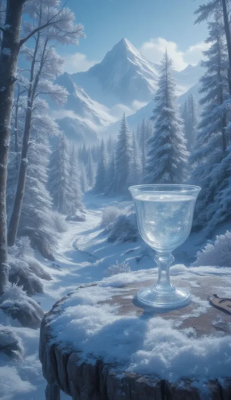 masterpiece, 8k, HDR, 3 D, best quality, photography, analog style, real life, extremely beautiful, (highly detailed, intricately detailed), A close-up image of an outdoor table and a glass goblet of water filled with rime ice from the cold morning in the ...