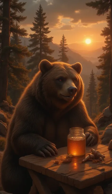 masterpiece, 8k, HDR, 3 D, best quality, photography, analog style, real life, extremely beautiful, (highly detailed, intricately detailed), an image of a bear eating from a jar of honey on a wooden table in a forest with pine trees, sunset sun