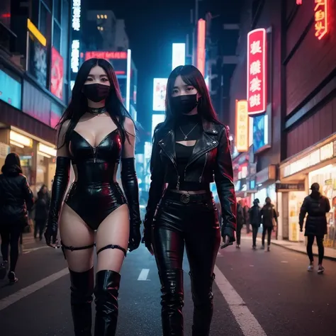 two women wearing black leather outfits and masks on a city street at night time, with a crowd of people in the background, Fan Qi, cosplay, cyberpunk art, rayonism, high quality