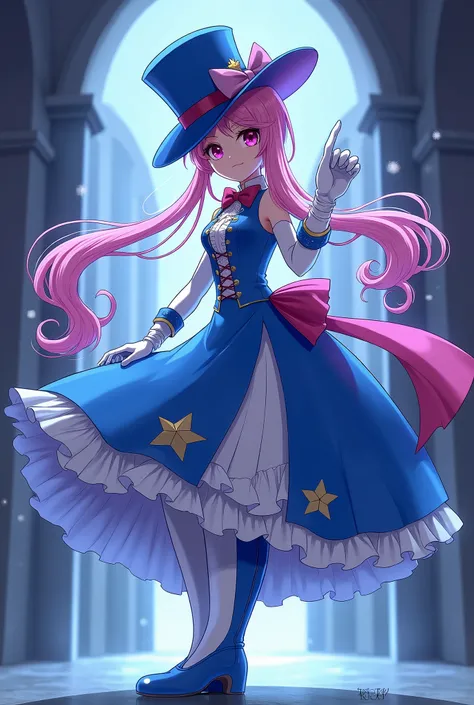 Crie uma Precure, Your color is blue .  with Kaitou elements ( magic thief ) magical girls.  She wears a dress inspired by the clothes of magicians,  wears a blue top hat ,  a White glove with ties ,  a blue and white boot ,  and a large pink side ribbon. 