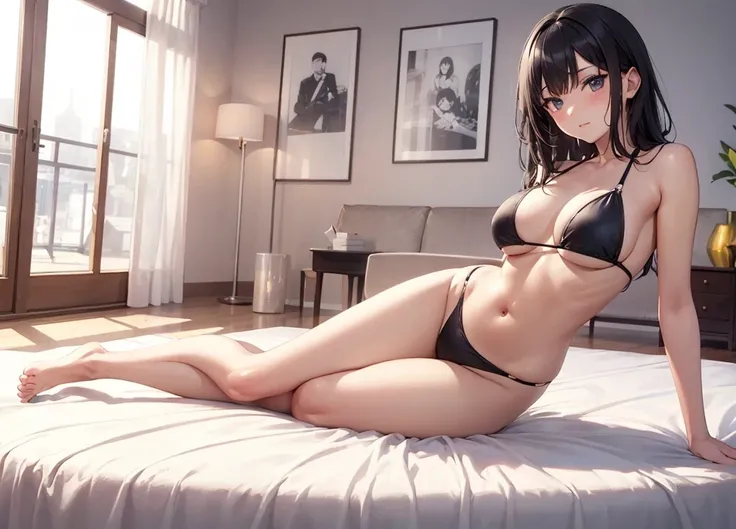 Anime girl laying down on her side with her arm for support poseing white skin tone long black hair sudective slime 