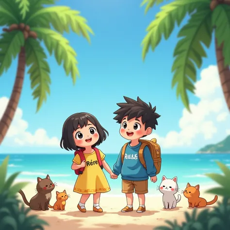 A happy bubbly anime boy and girl with a (((backpack))) and (((four cats in a beach of coconut trees))), ((((black eyes boy)))), (((The boy is wearing blue jumper)), (((The girl is wearing yellow dress))), cute detailed digital art, adorable digital painti...