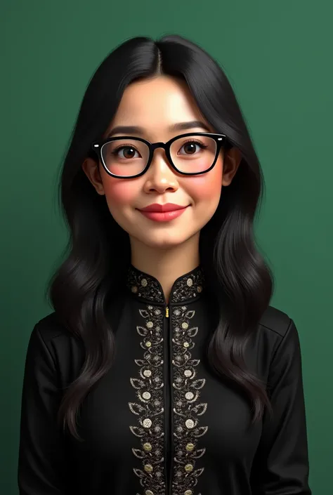 an indonesian mother , with long black hair wearing glasses , wears traditional indonesian kebaya in black

on a plain green background.
realistic