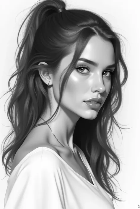 a drawing of a woman with long hair and a ponytail, vector art by Radi Nedelchev, Artstation, digital art, realistic beautiful face, realistic digital drawing, very detailed beautiful face, beautiful realistic face, detailed sensual face, detailed beauty p...