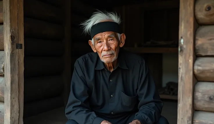 realistic photo, the best masterpiece of photography, an old man around 70 years old from Indonesia, white hair, wearing all black clothes complete with a black headband sitting in a wooden house