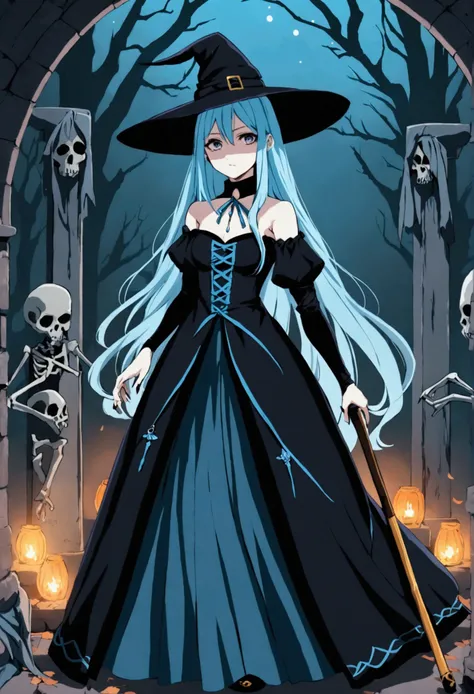  anime style .  A young witch with long light blue hair.  She wears a long black and blue dress . She wears a bone-shaped cane .  Behind her there undead .