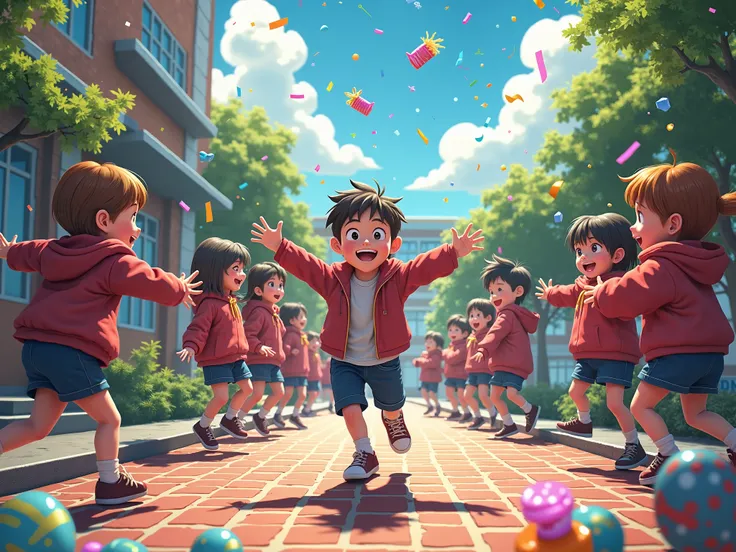  Realistic photo image , the brick and cement stage , ren on the school playground having Christmas party with piñatas,Confetti and streamers 