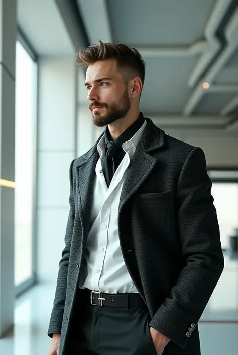 The architect is 30 years old, with a beard and short haircut, in unusual modern stylish clothes. He is wearing a jacket made of textured fabric. White shirt, neckerchief, trousers. He is in a futuristic light spacious hall. The interior in the background ...