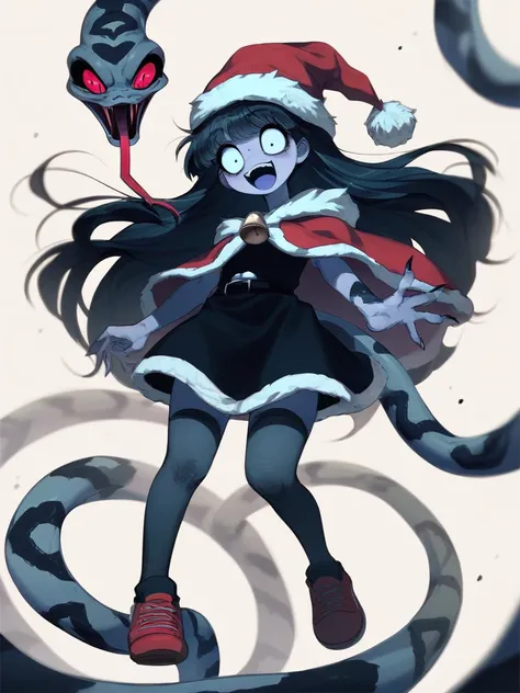 black santa costume female Satyros , creepy , nightmare , Fear , cute , pop , vagina , Disheveled long Hair , Handing out presents , The lower half of the body is a snake