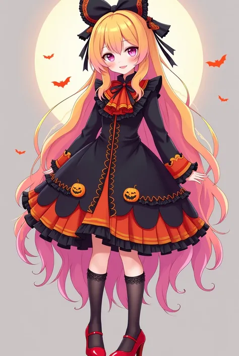  Oc anime female character ,  long haired ,  hair color upper yellow lower part pink, pink eye ,  wears a Halloween dress in black red orange,  with transparent black socks as , red or orange heels 