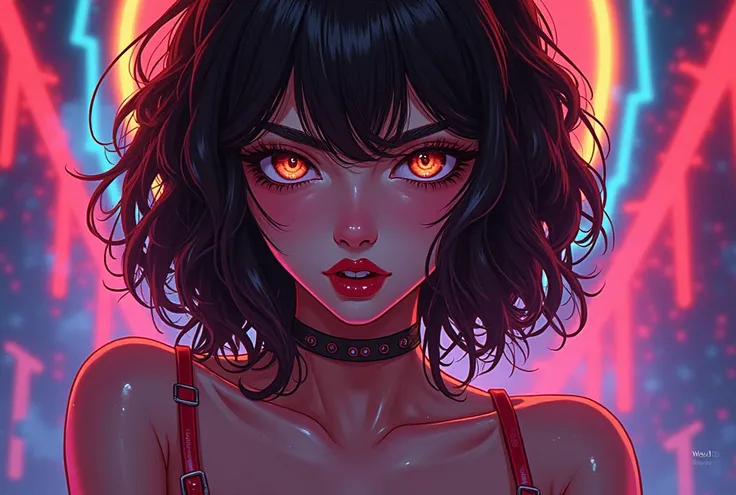 In a vibrant neon cacophony of colors, an enchantingly malevolent anime woman with wavy brown hair and striking red lipstick and brown eyes, gazes upon the world, her mind immersed in hallucinations induced by drugs. This captivating illustration, reminisc...