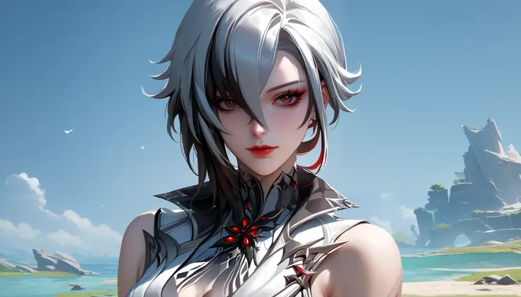 cleavage, score_9, score_8_up, score_7_up,source_anime, high res image,masterpiece,best quality,girl,cute face,clear skin,arlecchino_genshin,tanktop,