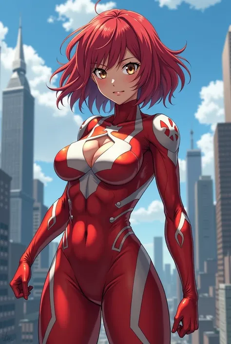  My Hero Academia Style ,   anime girl , woman, young woman ,  full body shot ,( Fighting Stance :1.3),Long Hair, Red Hair,   Brown Eyes , hero suit, Full Body Suit,  red suit with white details, perfect anatomy,  enhanced abs , super detailed,(building:1....