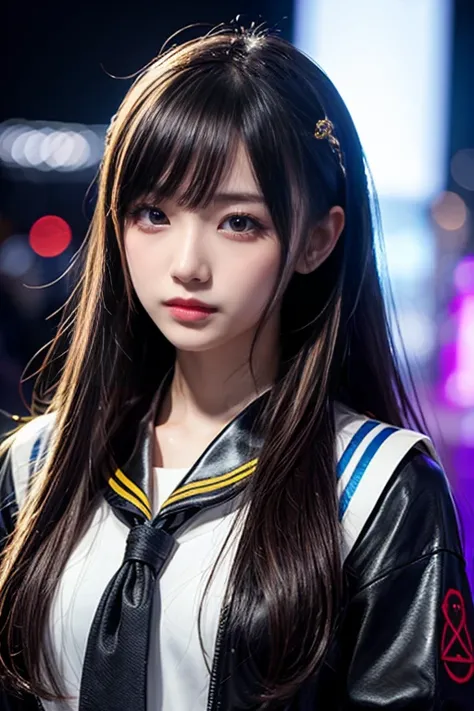  like an idol , long hair , straight hair , Round face , bust up ,  sailor suit  ,  as pictured  ,  Futuristic design background、  Jang Mina of cyberpunk fashion  。Her hairstyle is flashy  、  wearing metallic accessories  。  holograms and advanced technolo...