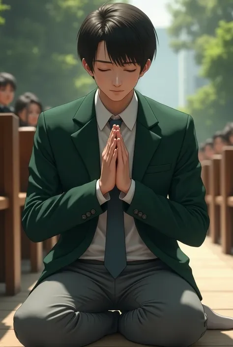 male student, Praying on knees, wearing gray pants , camisa blanca,  gray tie and bottle green blazer, neat and short hair 